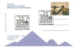 Cartolina (lato B) con annullo postale per il Centenario GM presso il Museo Nazionale della Montagna del CAI a Torino (21934 bytes)